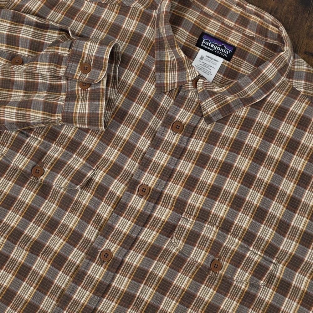 Patagonia Shirt Mens XL Brown Orange Plaid‎ Button Up Buckshot Long Sleeve